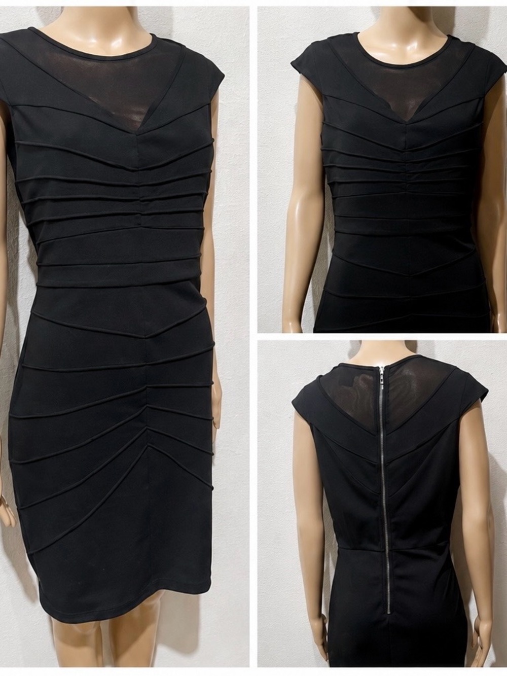 EUC Black Mesh Yoke Bodycon Cocktail Dress | Elegant Fitted Midi Dress | Size M - Picture 10 of 12